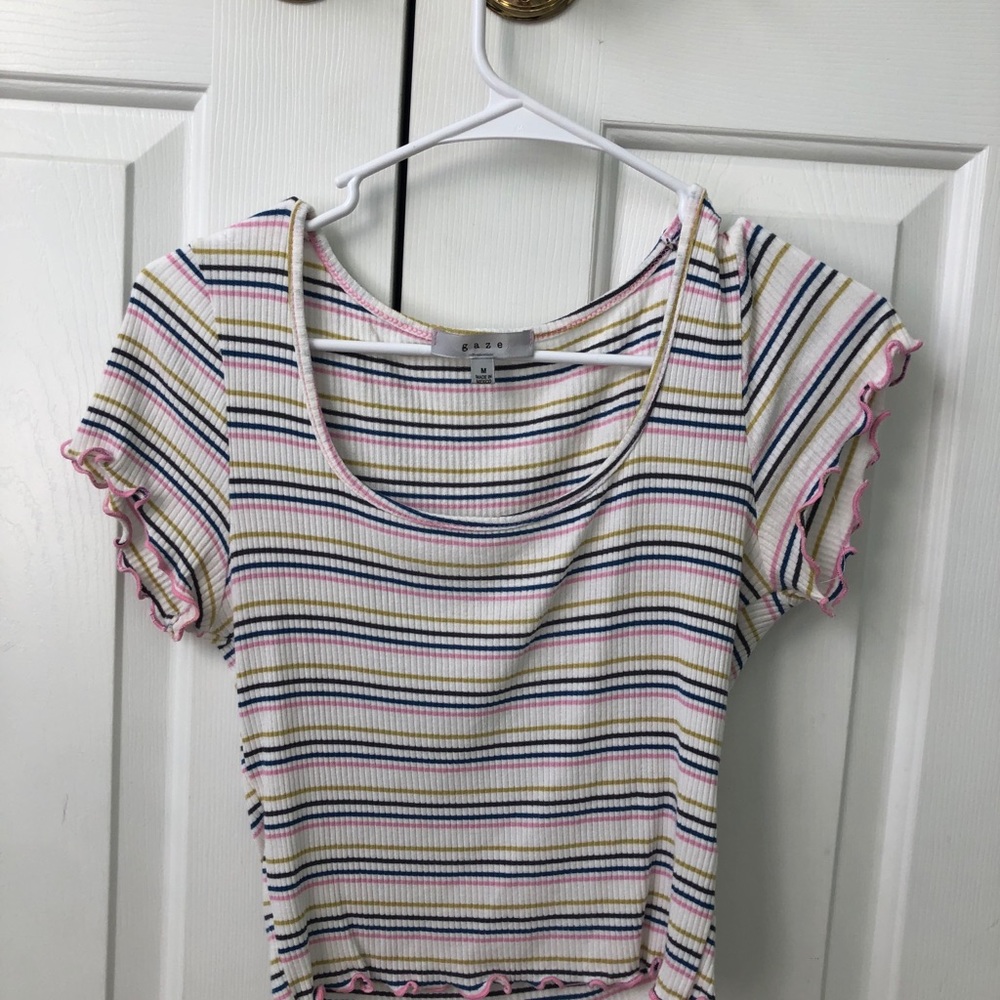 Pink blue and yellow striped crop top